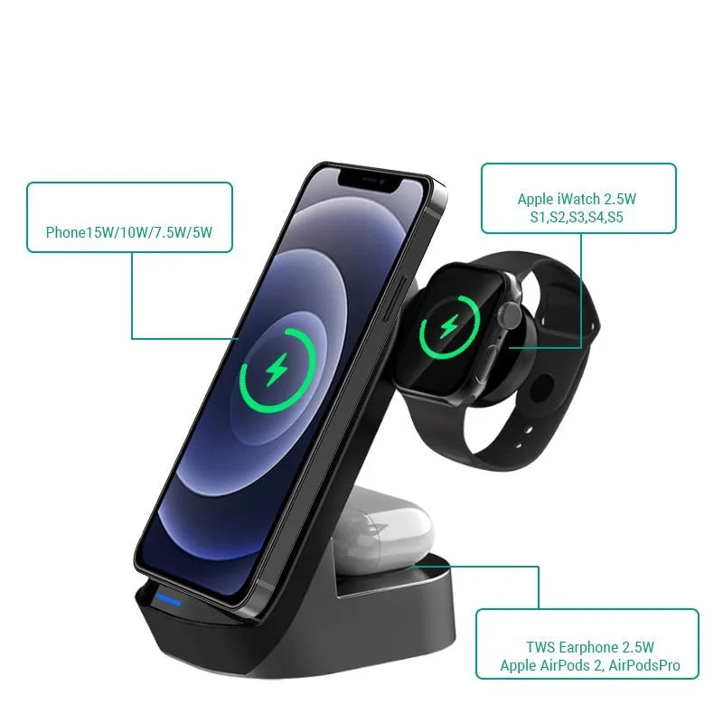 Black grey foldable 3-in-1 wireless charger vertical stand for phones, watches, and earbuds