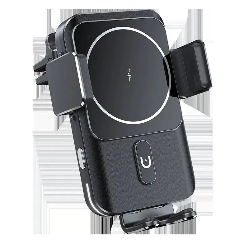 Black car wireless charging phone holder showing 15W charging with suction cup and clip mounting options