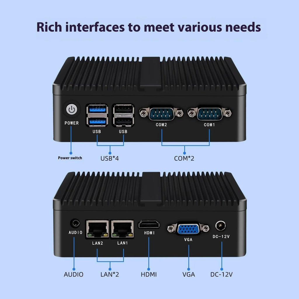 Compact fanless industrial control mini-PC with metal chassis, measuring 13.6 by 12.7 by 4 centimetres.