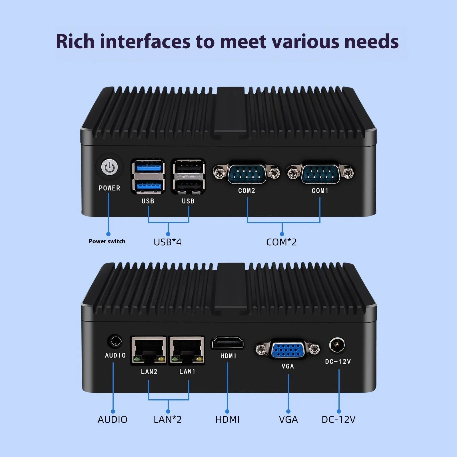 Compact fanless industrial control mini-PC with metal chassis, measuring 13.6 by 12.7 by 4 centimetres.