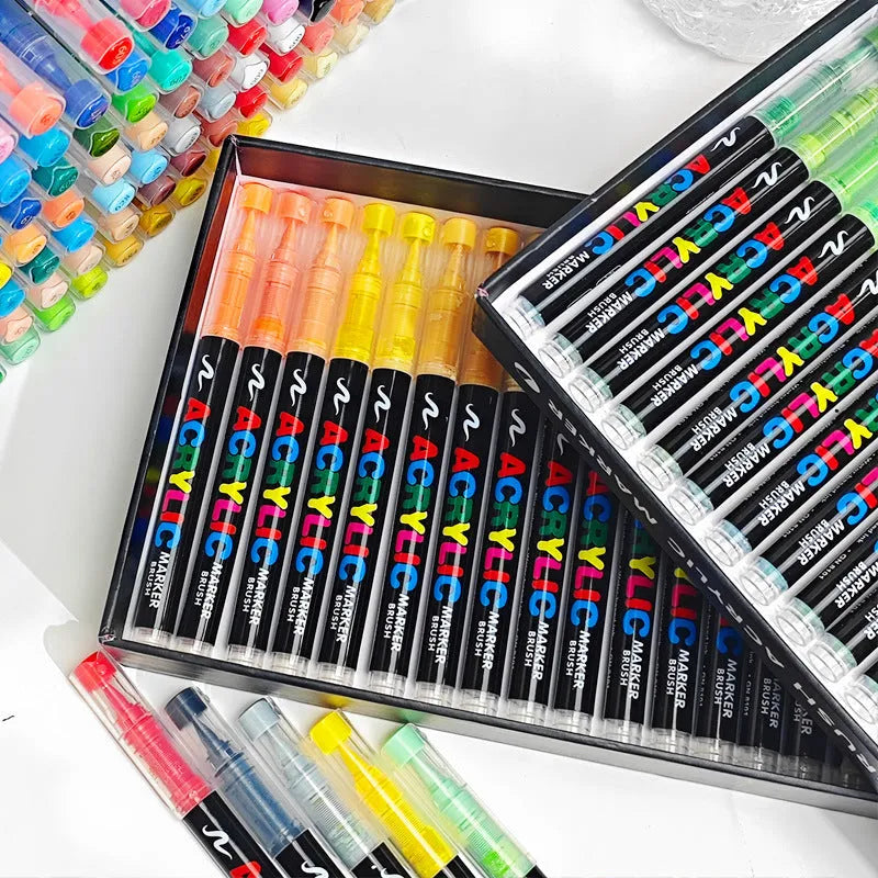 Set of straight liquid acrylic marker pens with soft head tips in various colours for art and graffiti