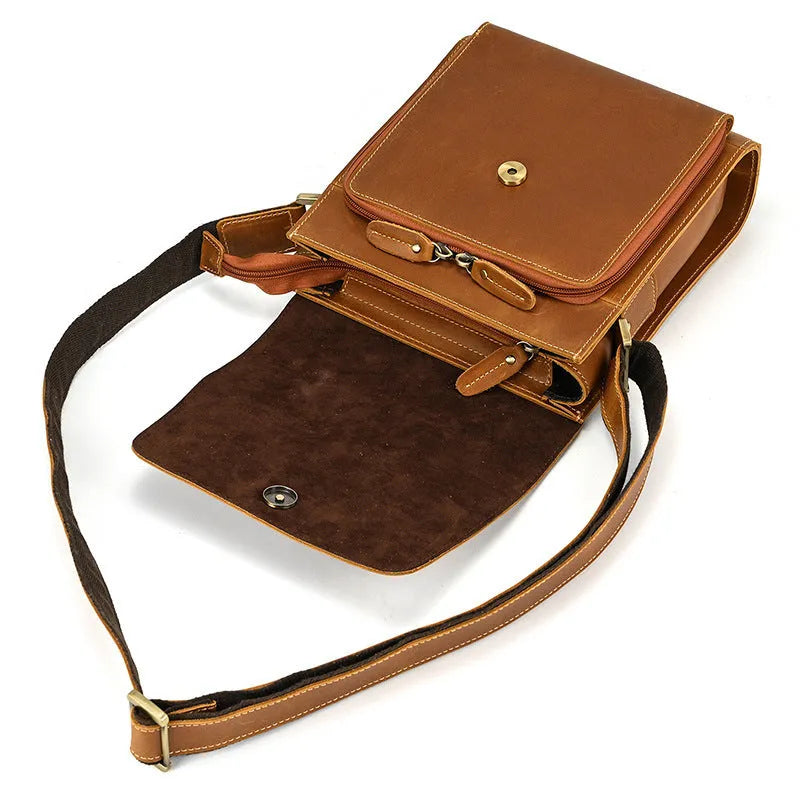 Men's first layer cowhide leather shoulder bag solid colour retro sewing line crossbody bag dark brown