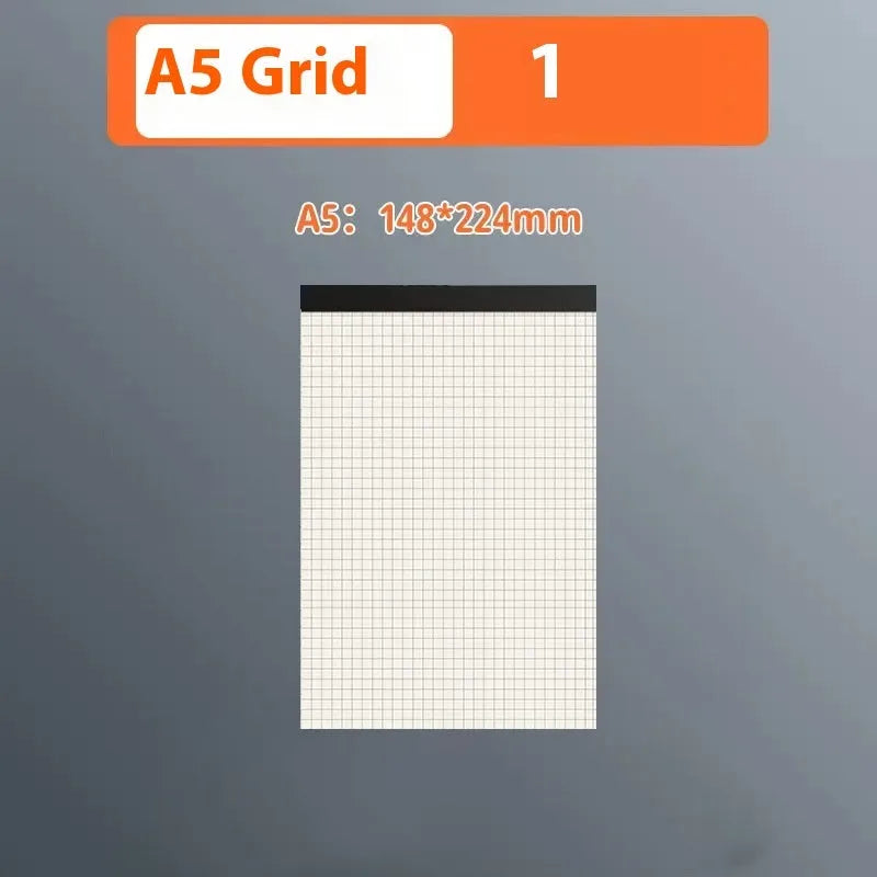 A5, B5 and A4 tearable writing pads with 80 sheets showing blank, grid and horizontal line ruling options