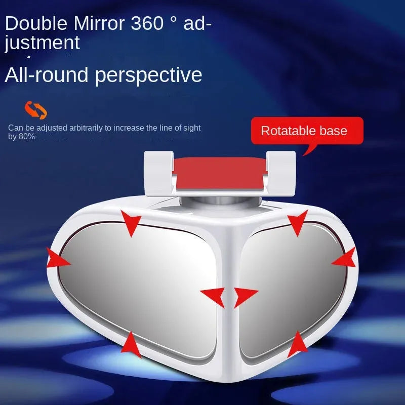 Car reversing small round wide-angle auxiliary mirror with adjustable ball joint, black, on a silver car side mirror