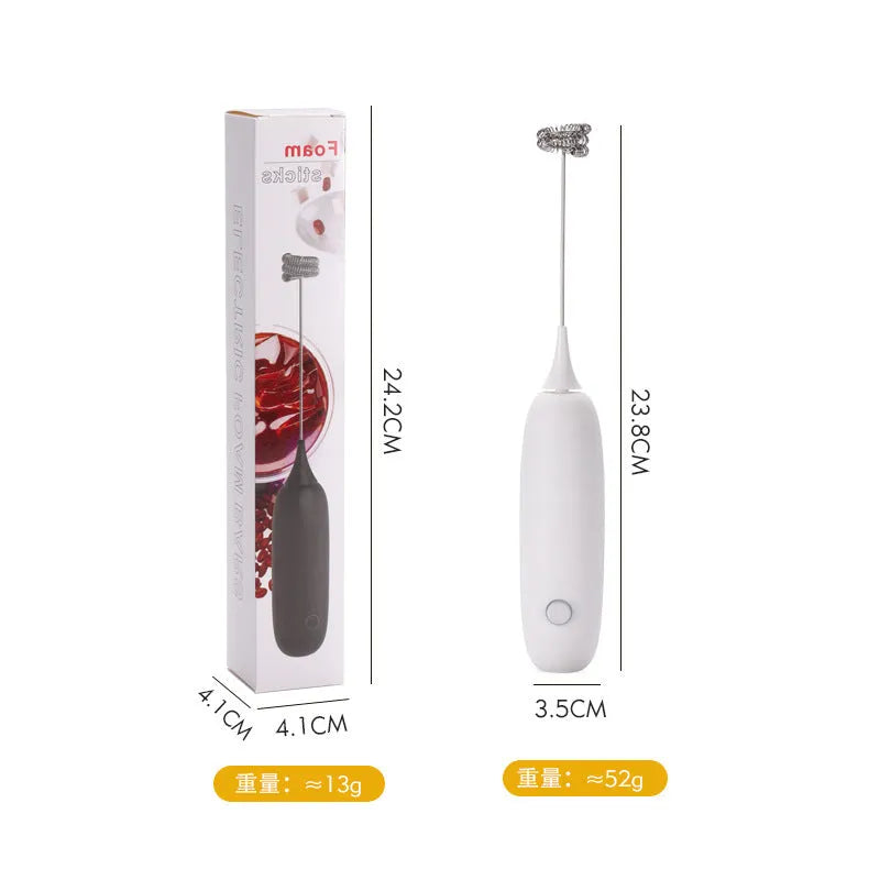 Black and white handheld electric milk frother blender for coffee beverages