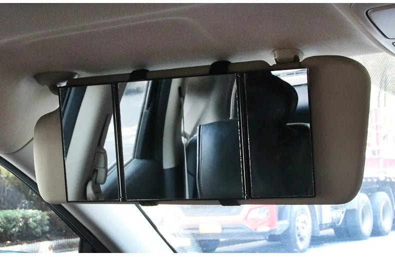 Silver car visor folding makeup mirror showing opened and closed positions