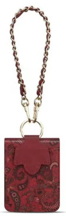 Totem print leather folding phone case with lanyard and chain attached, black colour