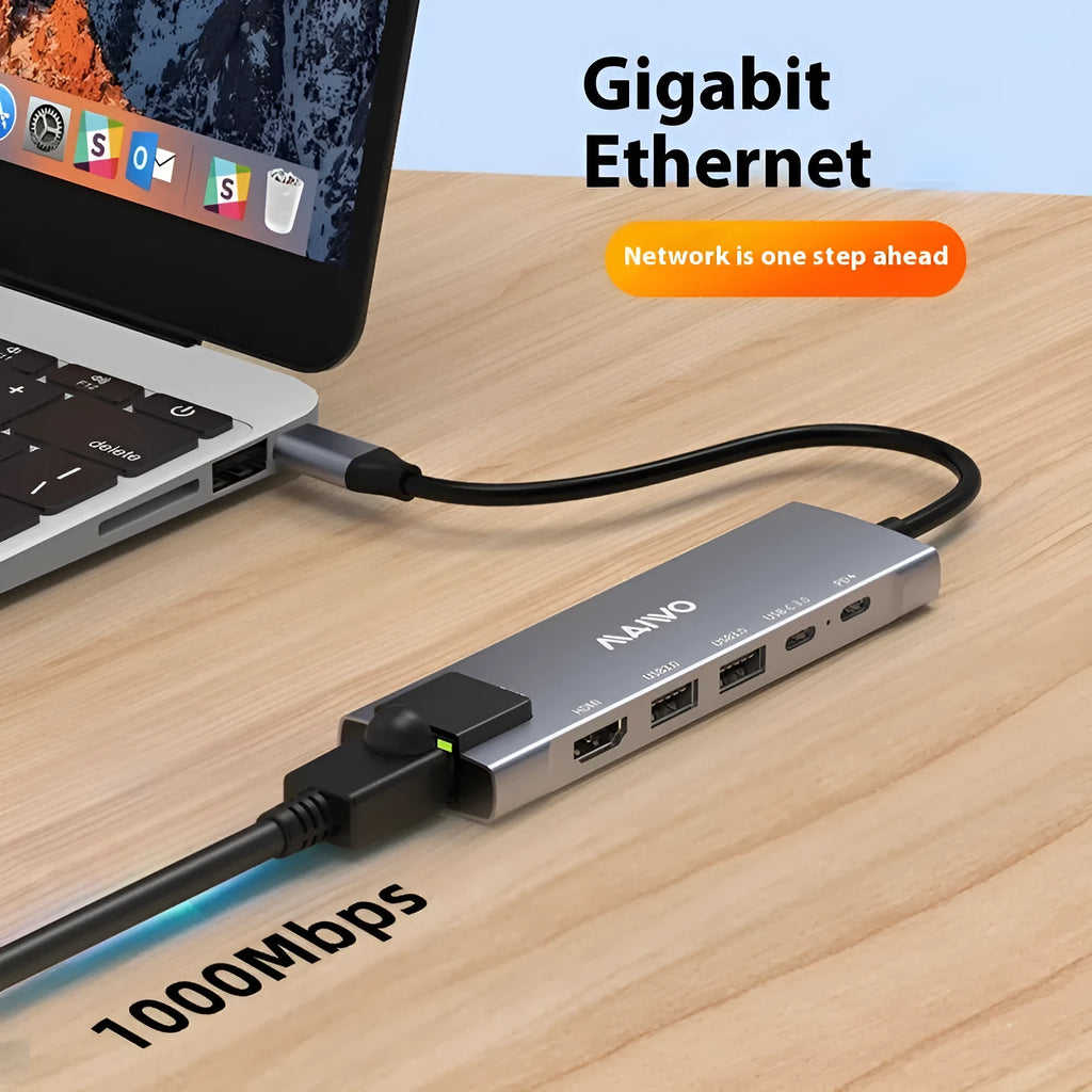 Aluminium Steam Deck six-in-one docking station with HDMI, Ethernet, and USB ports on a 15cm cable.