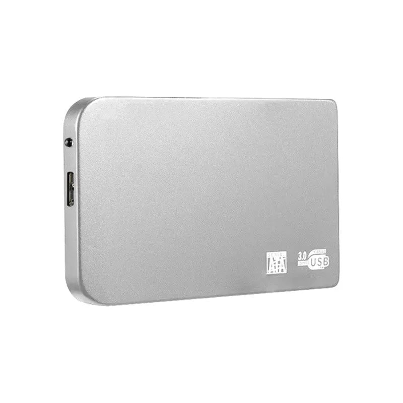 External solid state drive with metal shell in choice of black, blue, red, or silver colours showing USB 3.0 connector
