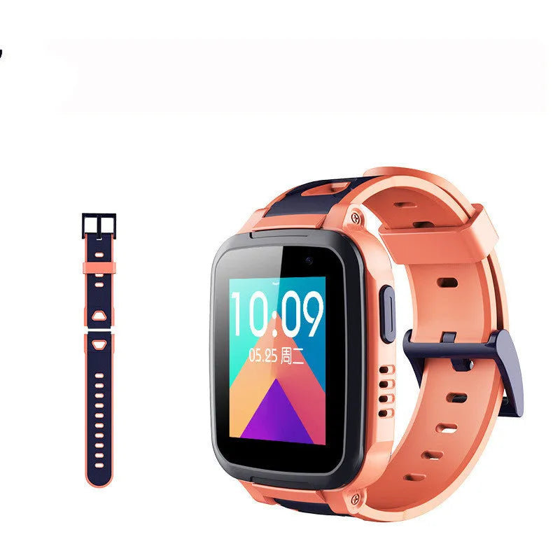 360 SE5Plus blue children's smartwatch with stainless steel strap on a wrist, showing touchscreen and buttons.