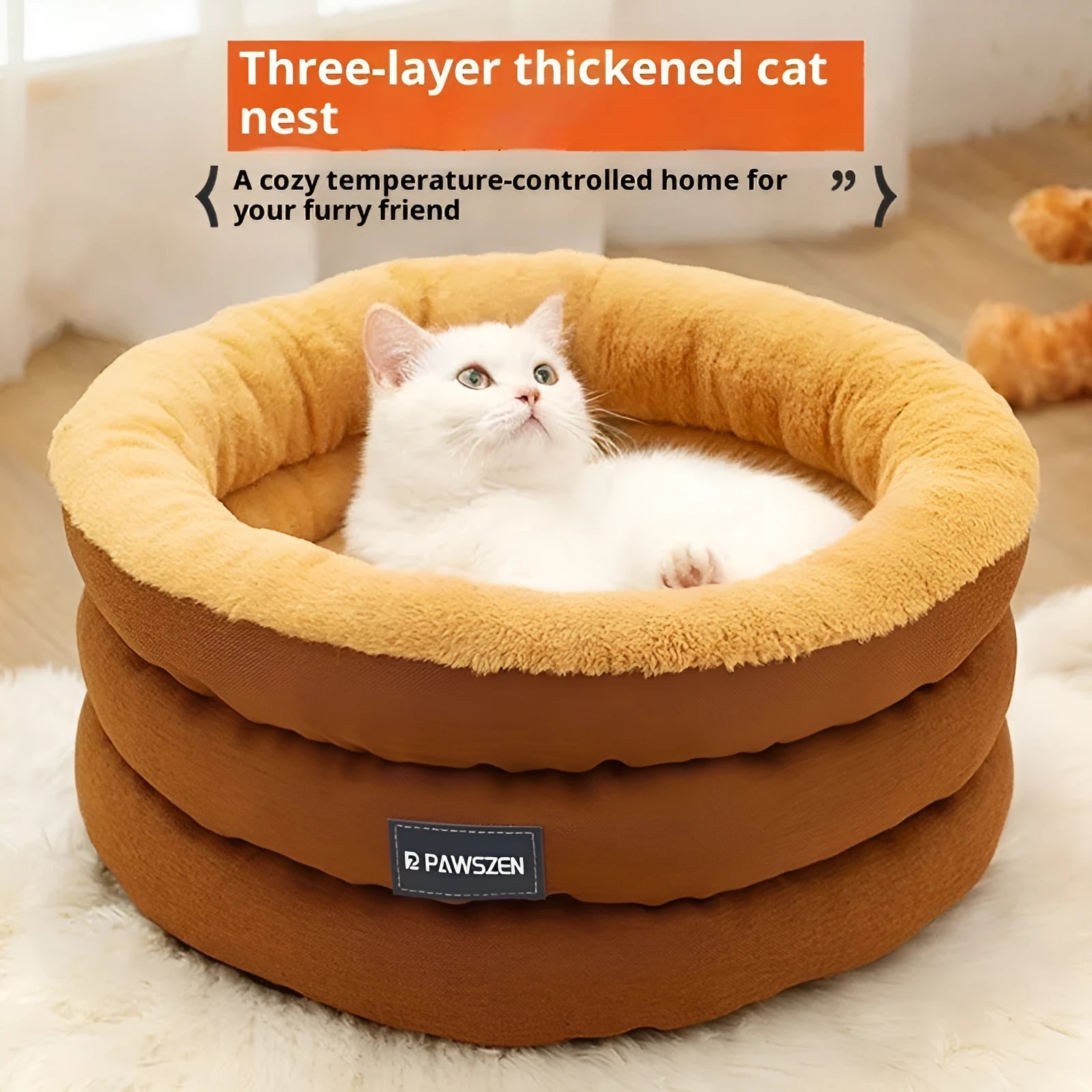 Round thickened dog bed in brown flannel linen with raised rim, small size 48x22cm