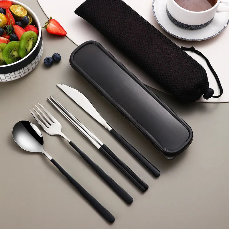 304 stainless steel portable cutlery set with knife fork spoon and gold mesh bag on table