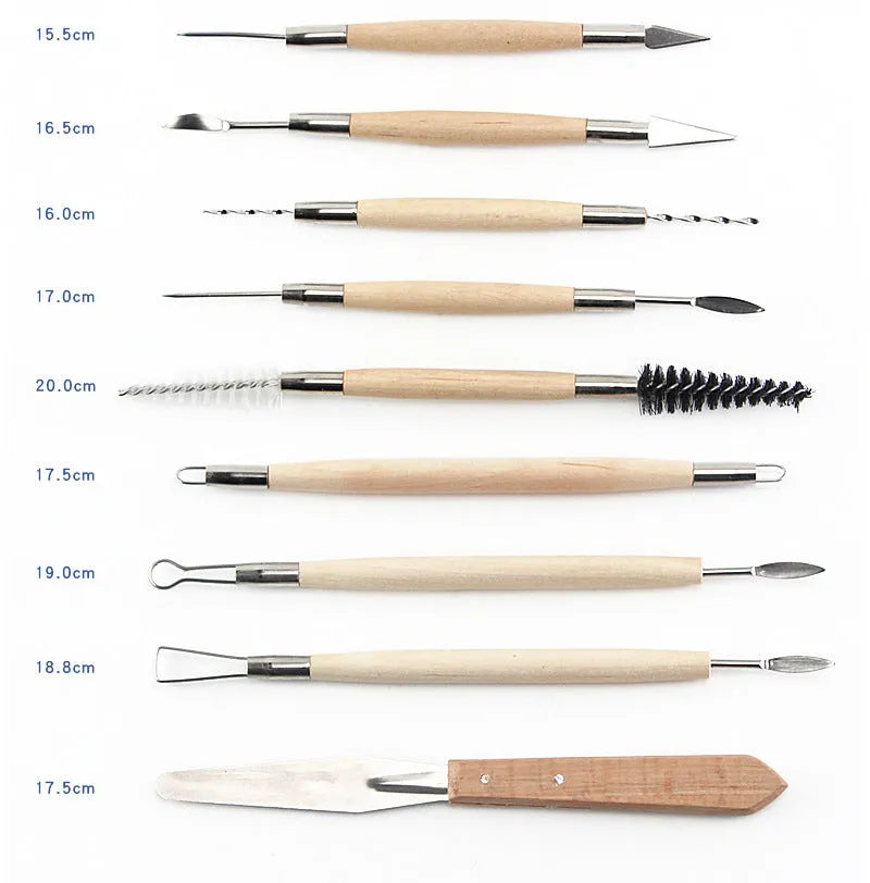 Brown roll package containing 27 pottery clay sculpting tools made of stainless steel, wood, and plastic.