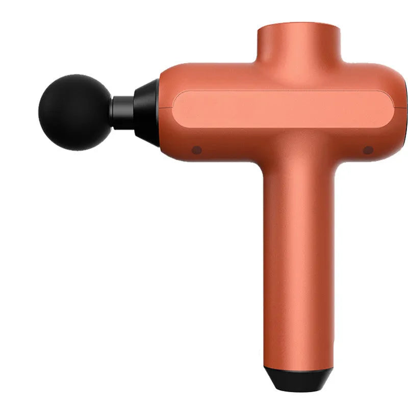 Black rechargeable muscle massager with six different massage heads showing five gear settings