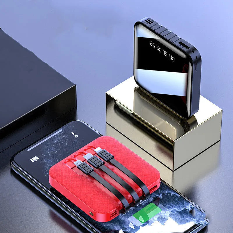 Black and red power banks with built-in charging cables, showing 10000mAh and 20000mAh capacity options.