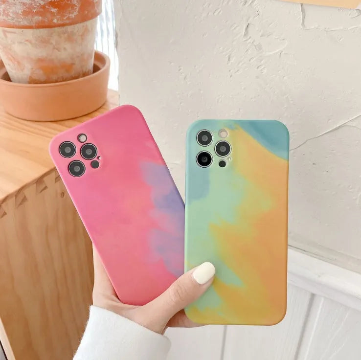 Soft silicone iPhone case with abstract gradient geometric oil painting design in blue green pink purple colours