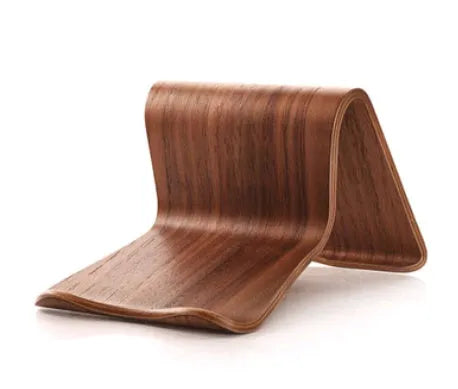 Bamboo wood lazy couch bracket holding an iPad on a desktop, walnut finish