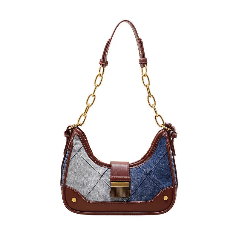 Brown denim women's shoulder bag with diamond chain design and phone compartment