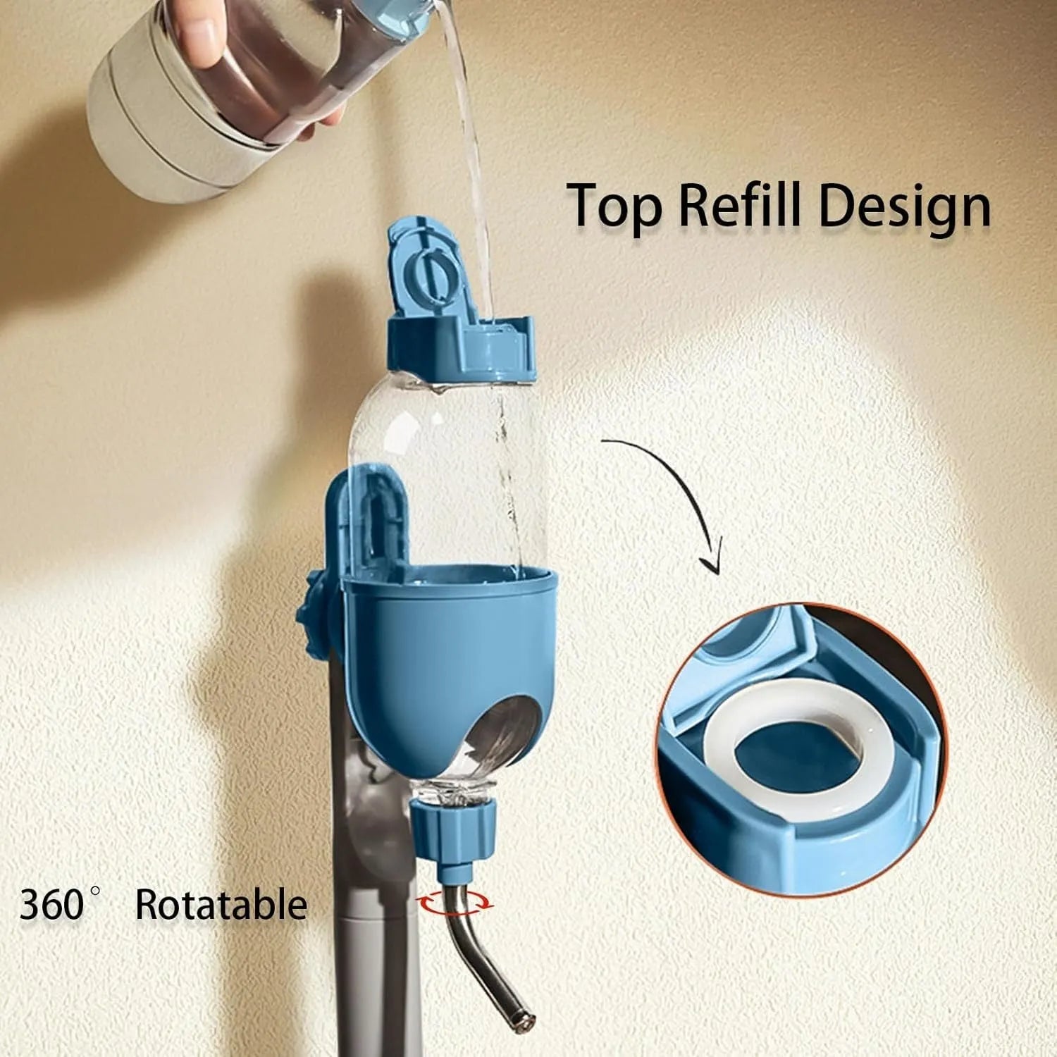 Blue small animal water bottle with 360° rotatable nozzle mounted on cage