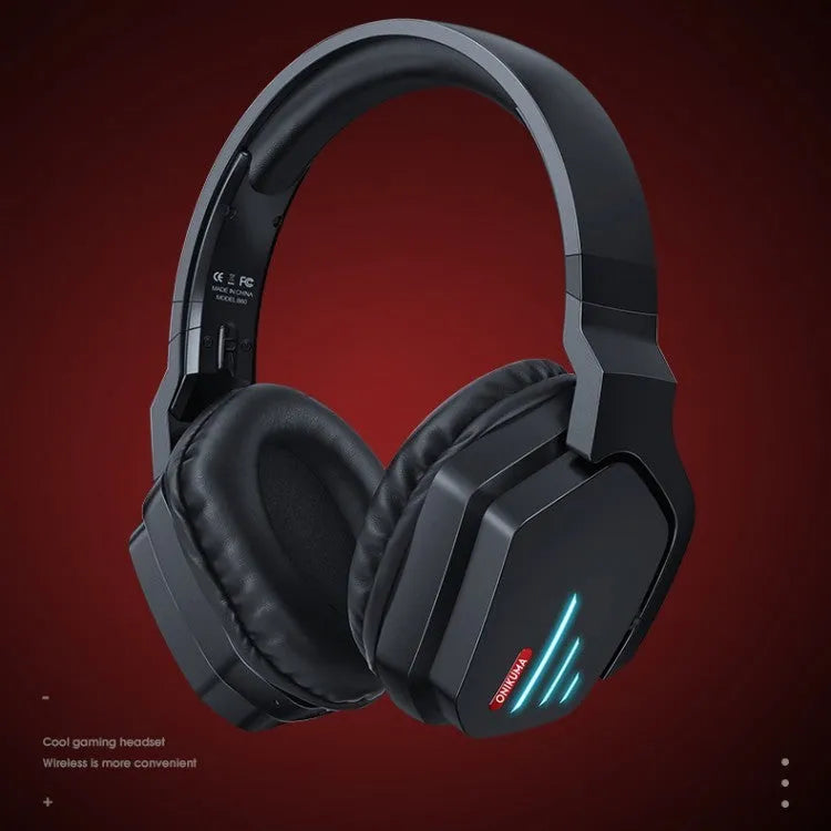 Luminous black wireless gaming headphones with head-mounted design showing ear cushions and adjustable headband