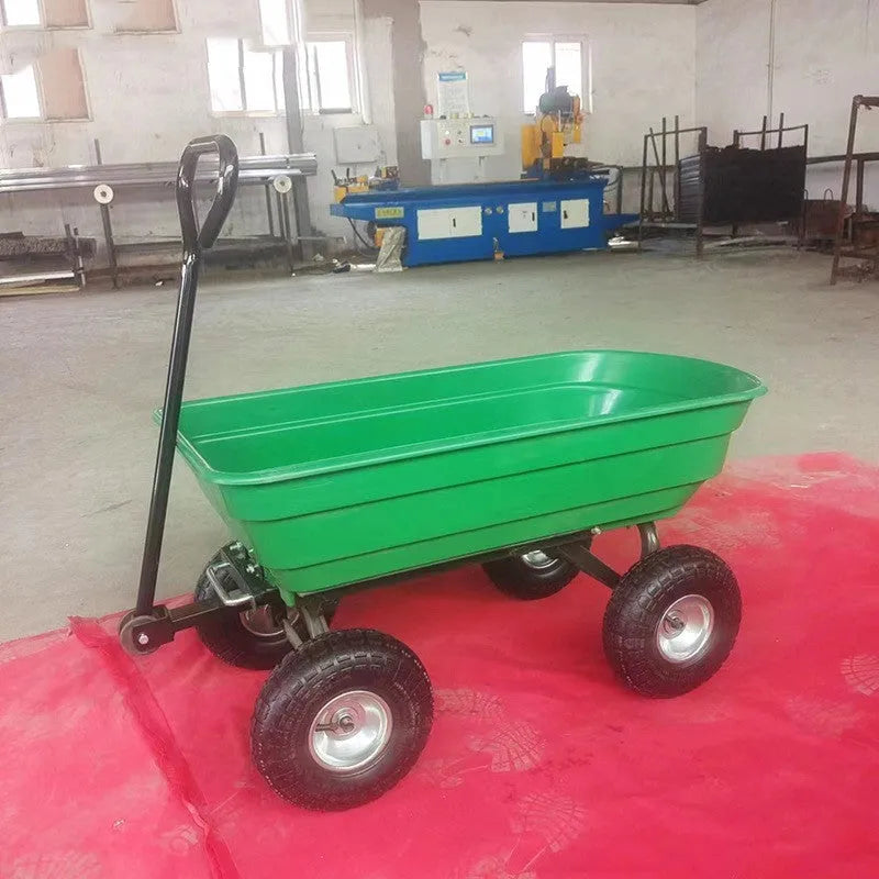 Green four-wheel dump truck with steel PP construction, 940mm long bed