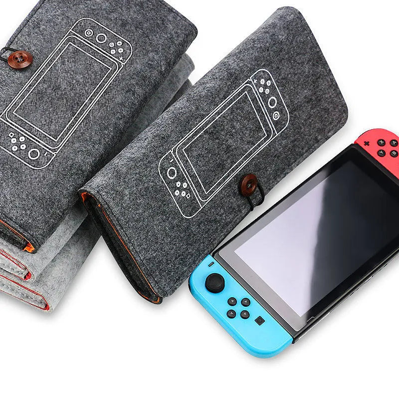 Black felt Nintendo Switch carrying pouch with game card slots and double layer storage design