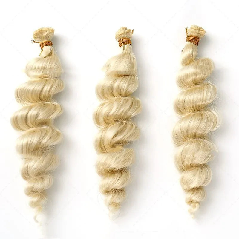 Golden synthetic hair weft wig in three lengths: 18in, 20in, and 22in