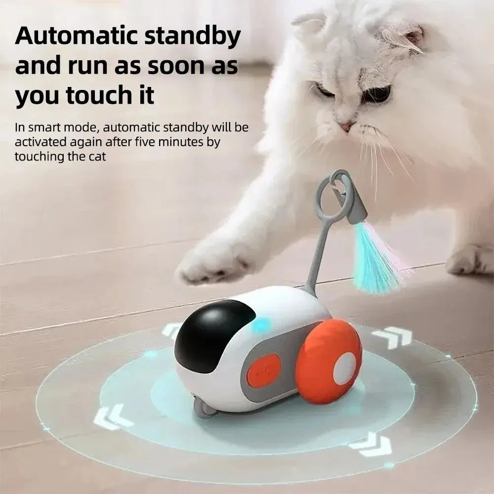 Smart cat toy car with feather teaser in blue, USB rechargeable, remote controlled