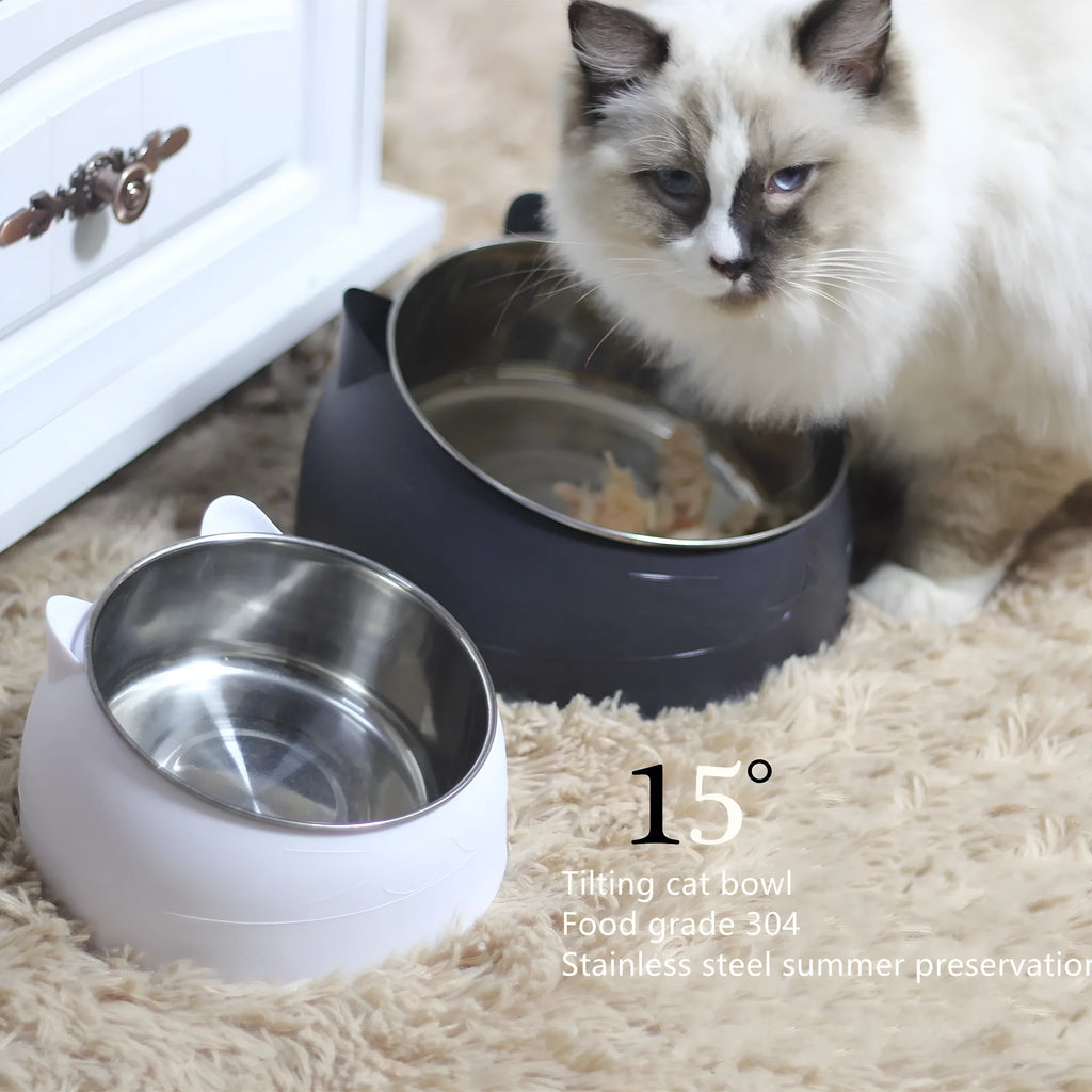Protective cervical cat bowl oblique mouth pet bowl in food-grade PC with 304 stainless steel liner, anti-knock base, blue colour, M size