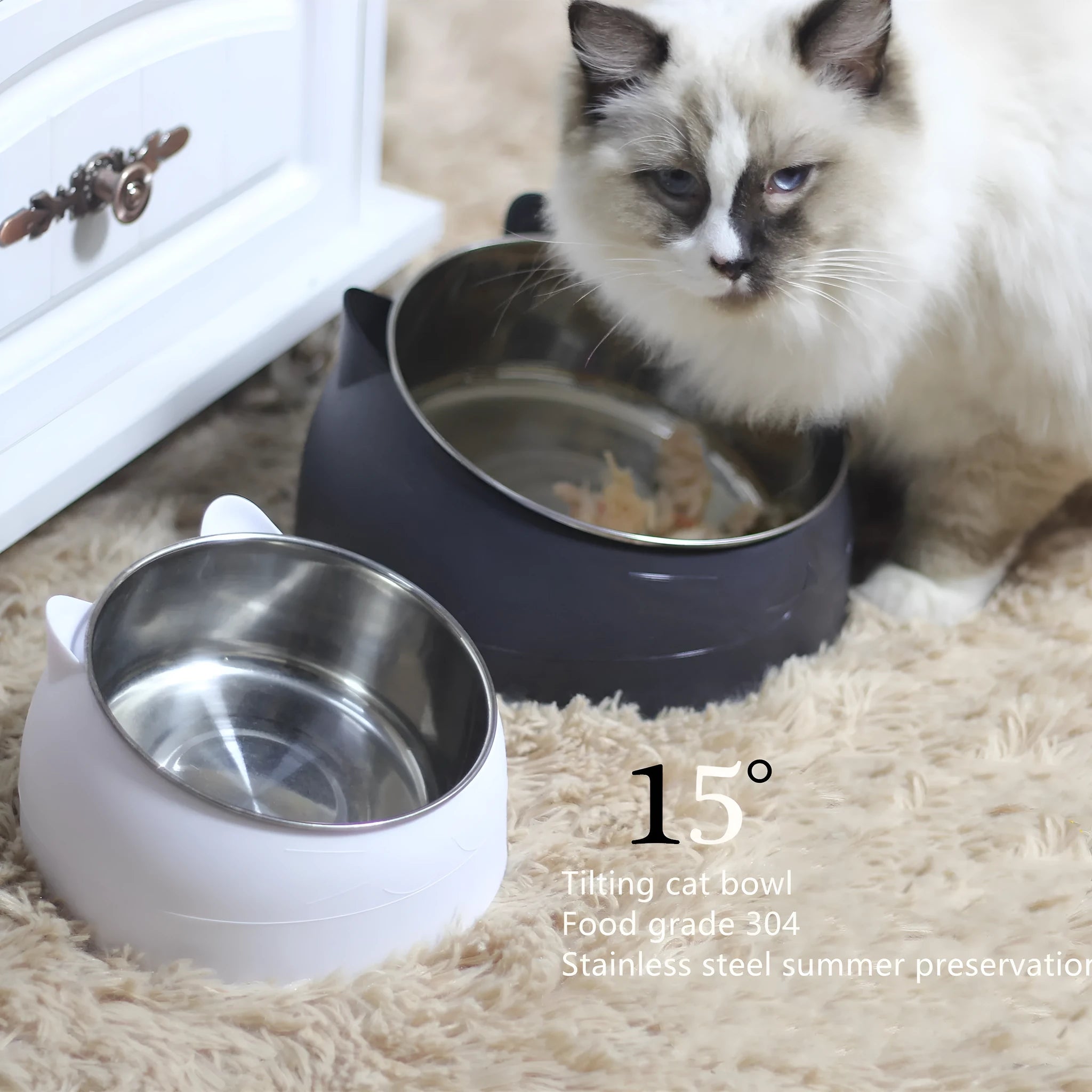 Protective cervical cat bowl oblique mouth pet bowl in food-grade PC with 304 stainless steel liner, anti-knock base, blue colour, M size