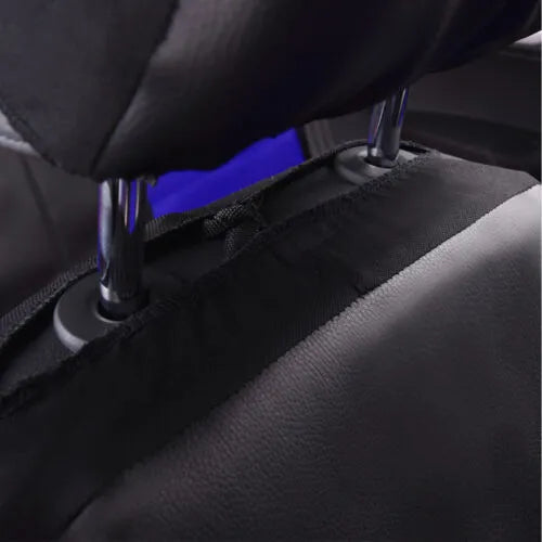 Artificial leather car seat cover set showing front seat, rear bench, and headrest pieces in black.