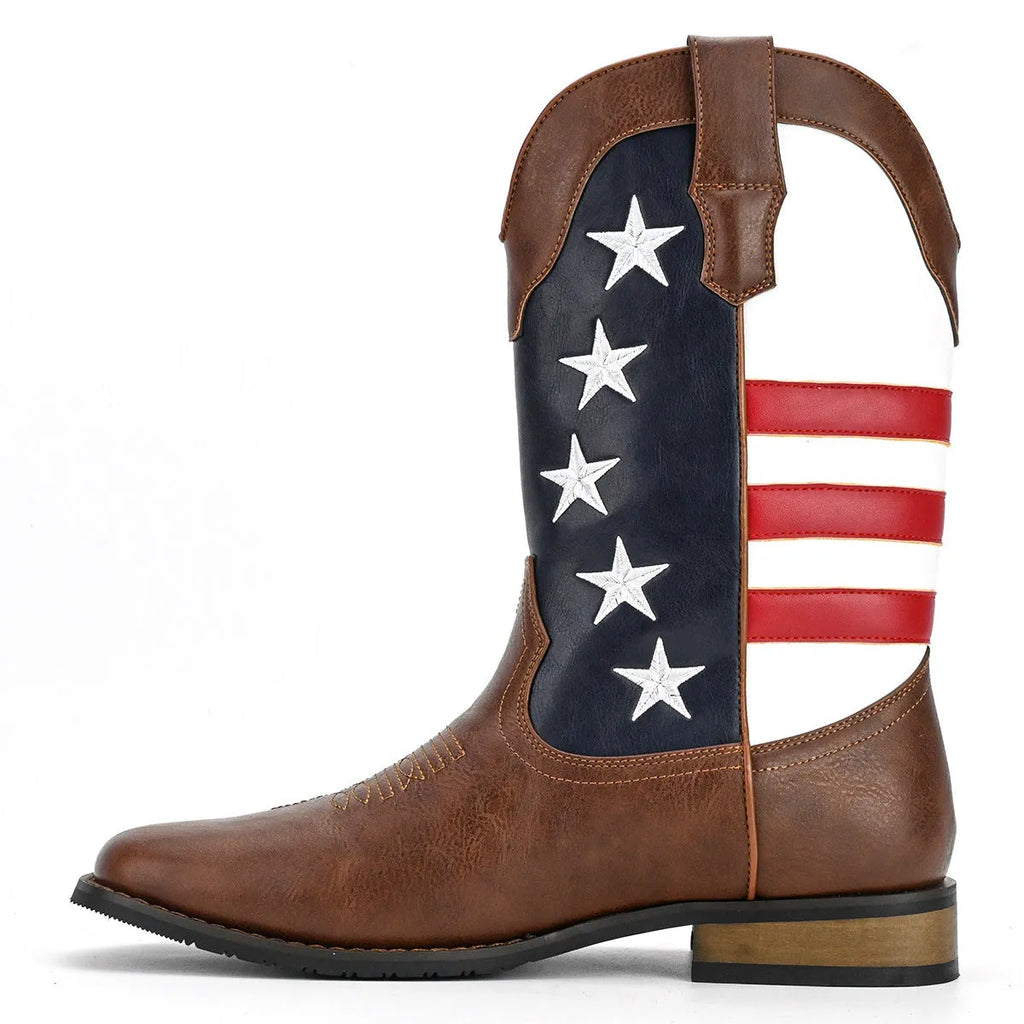 Men's five-pointed star Western cowboy boots in brown, square heel, round toe, floral embroidery