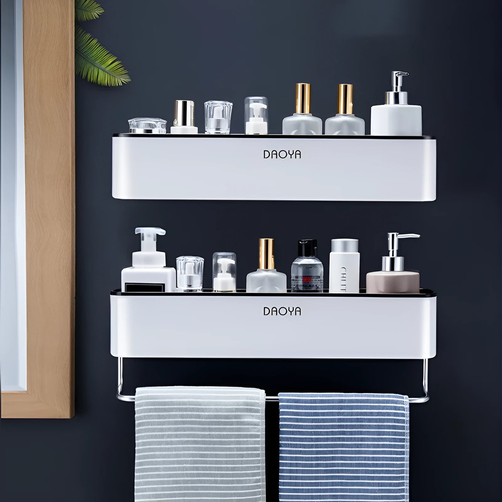 Polished plastic wall mounted bathroom shelf with hole-free installation, black or grey colour options