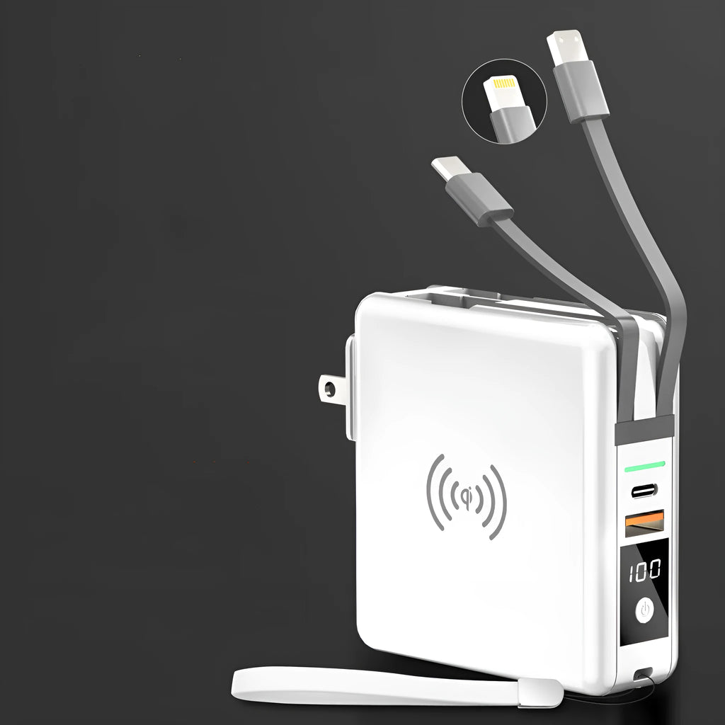 Black and white 10000mAh power bank with wireless charging surface and foldable plug