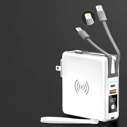 Black and white 10000mAh power bank with wireless charging surface and foldable plug