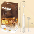 Mini handheld electric milk frother in black, with stainless steel whisk and USB charging cable.