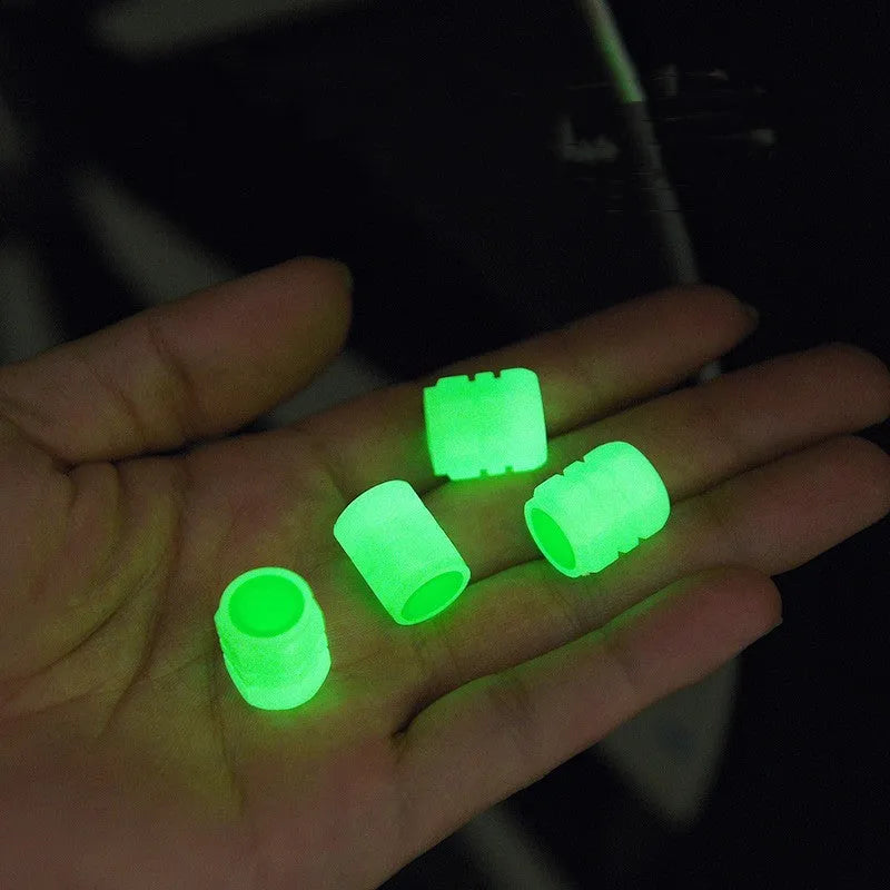 Glow-in-the-dark car valve caps showing rubber construction and luminous properties