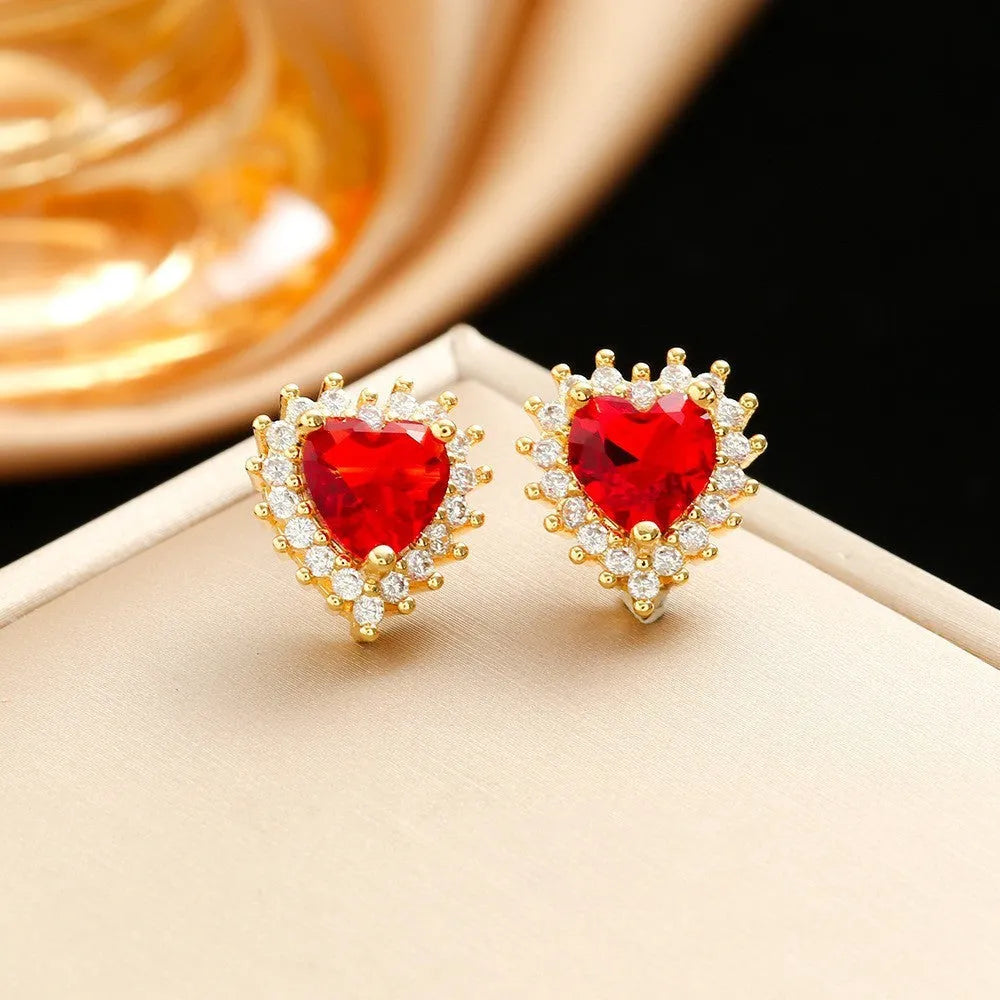 Gold red titanium steel heart flower necklace set with matching earrings and ring on water wave chain