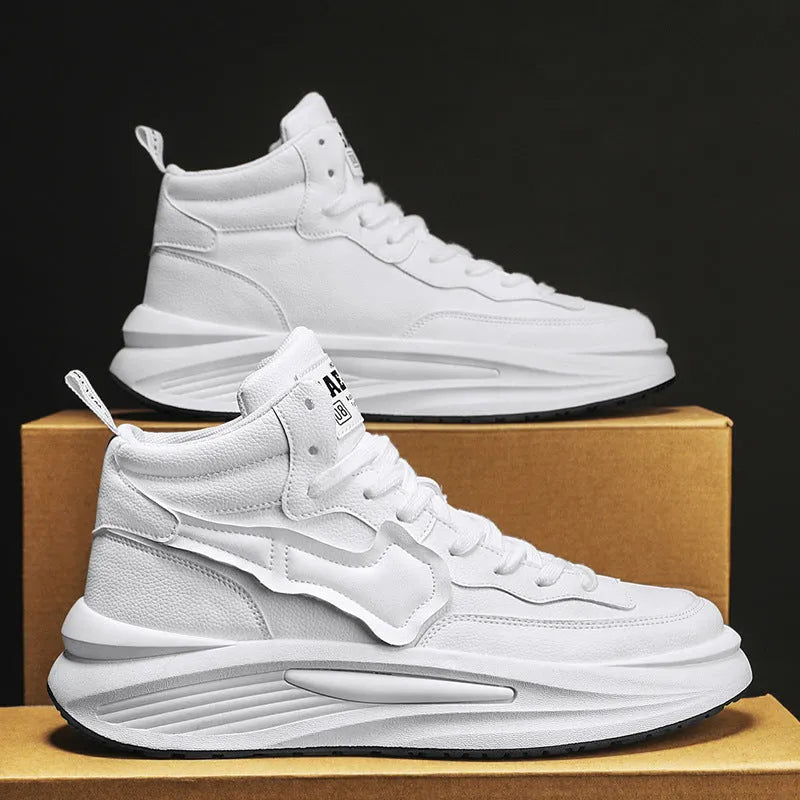 Men's black and white high-top platform casual shoes with a round toe and PU leather upper.