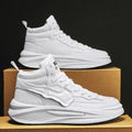Men's black and white high-top platform casual shoes with a round toe and PU leather upper.