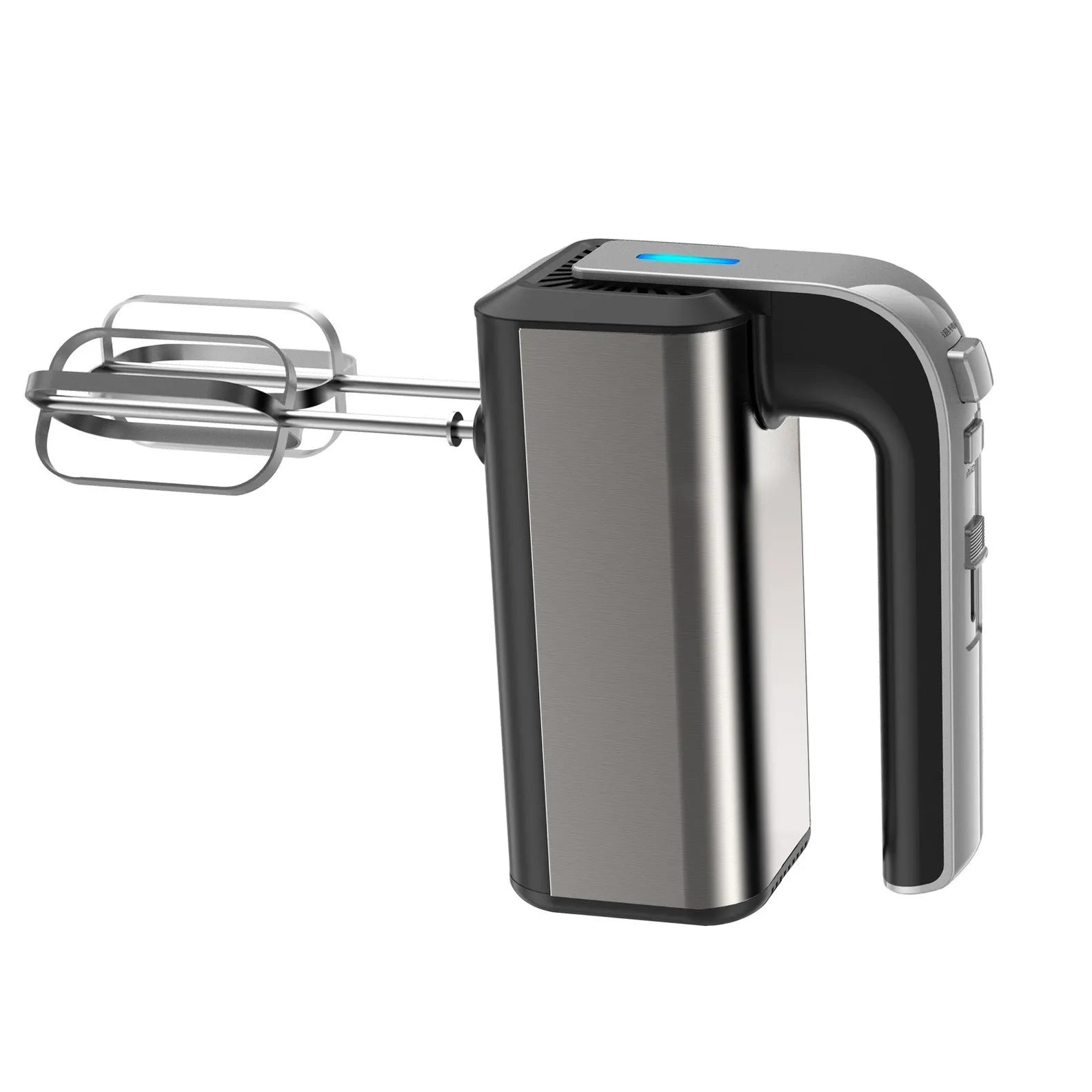 Silver household multifunctional mini electric whisk with plastic body and stainless steel attachments on a neutral background