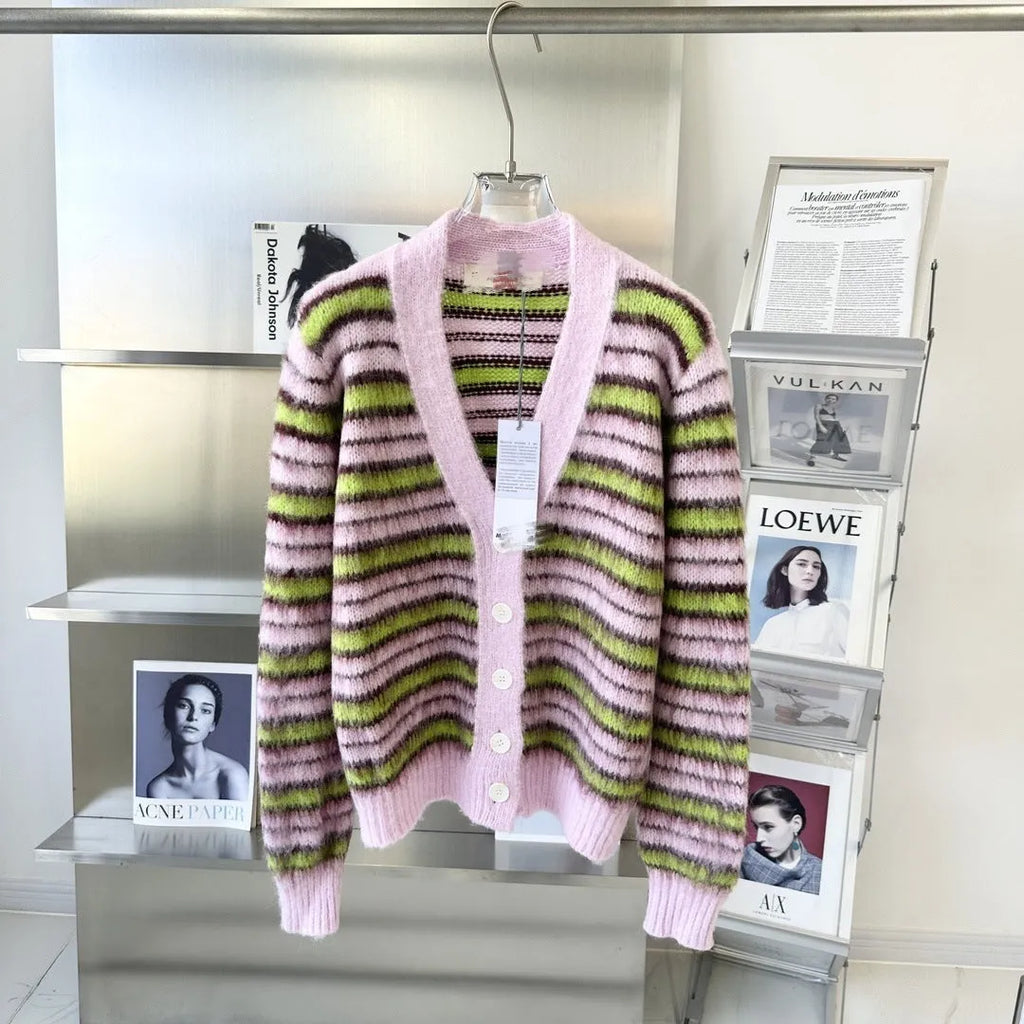 Pink women's wool cardigan with nap texture shown as both pullover and cardigan styles