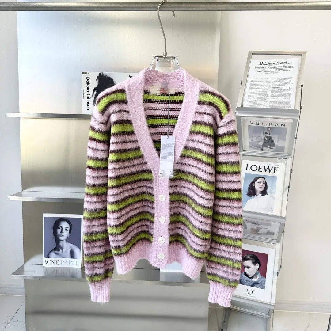 Pink women's wool cardigan with nap texture shown as both pullover and cardigan styles