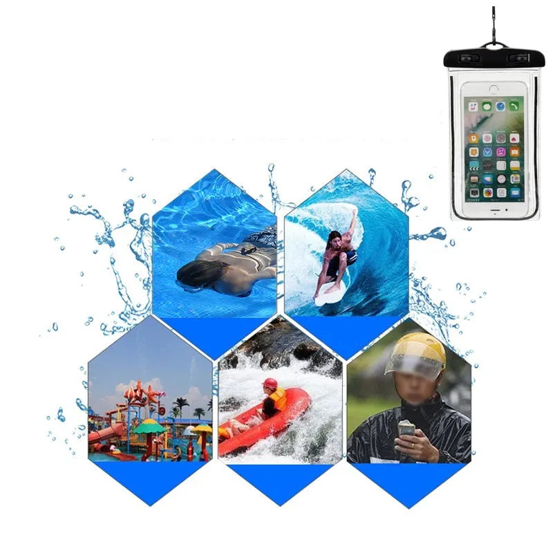 Universal waterproof luminous touch screen phone case in black and orange colours on outdoor setting