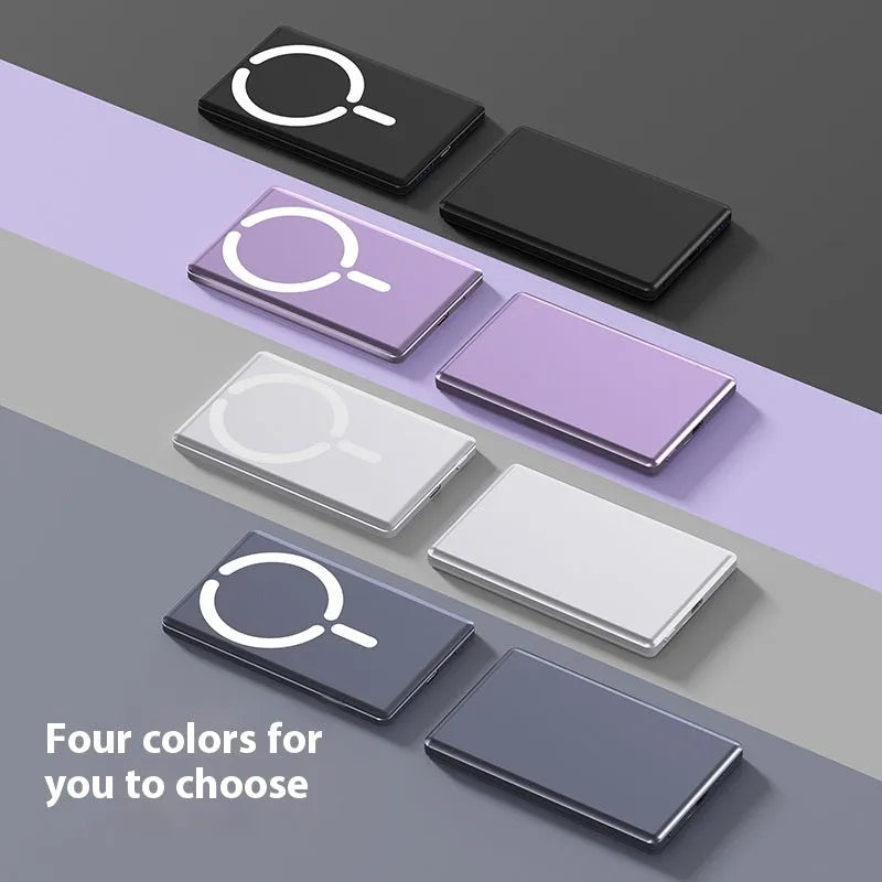 Ultra-thin silver magnetic power bank showing slim 9mm profile and alloy shell.