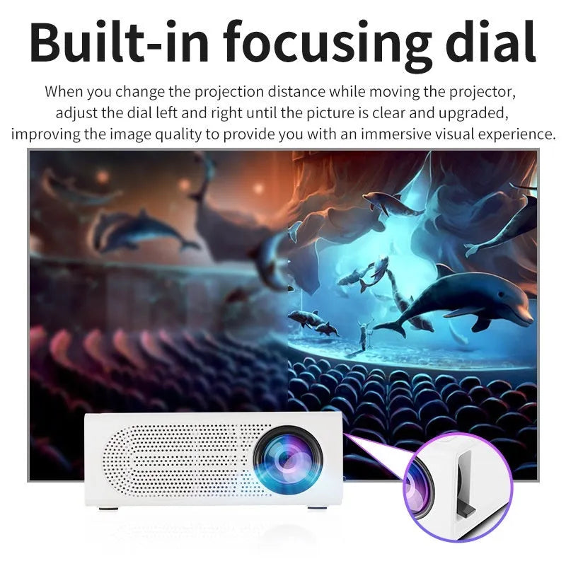 Portable mini projector in black or white colour with wired mobile phone connection and international plugs