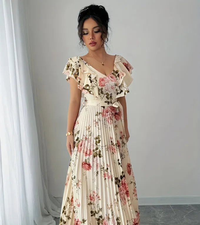 Apricot floral print v-neck dress with ruffled short sleeves and swing skirt