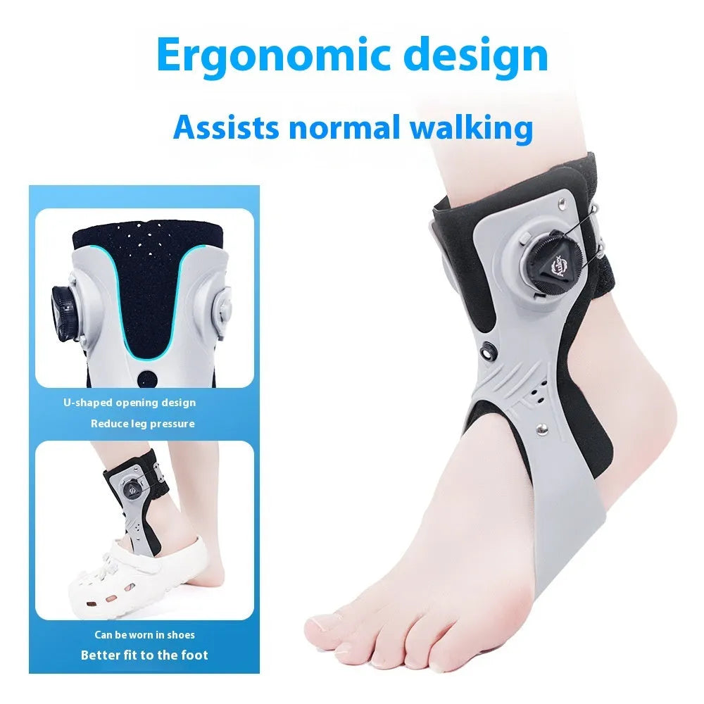 Black and grey adjustable ankle support brace with airbag button, shown in left and right specific fittings.