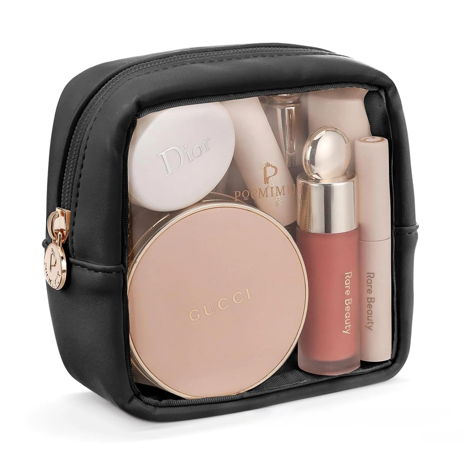 Transparent PVC cosmetic bag in pink portable style with waterproof and expandable storage features