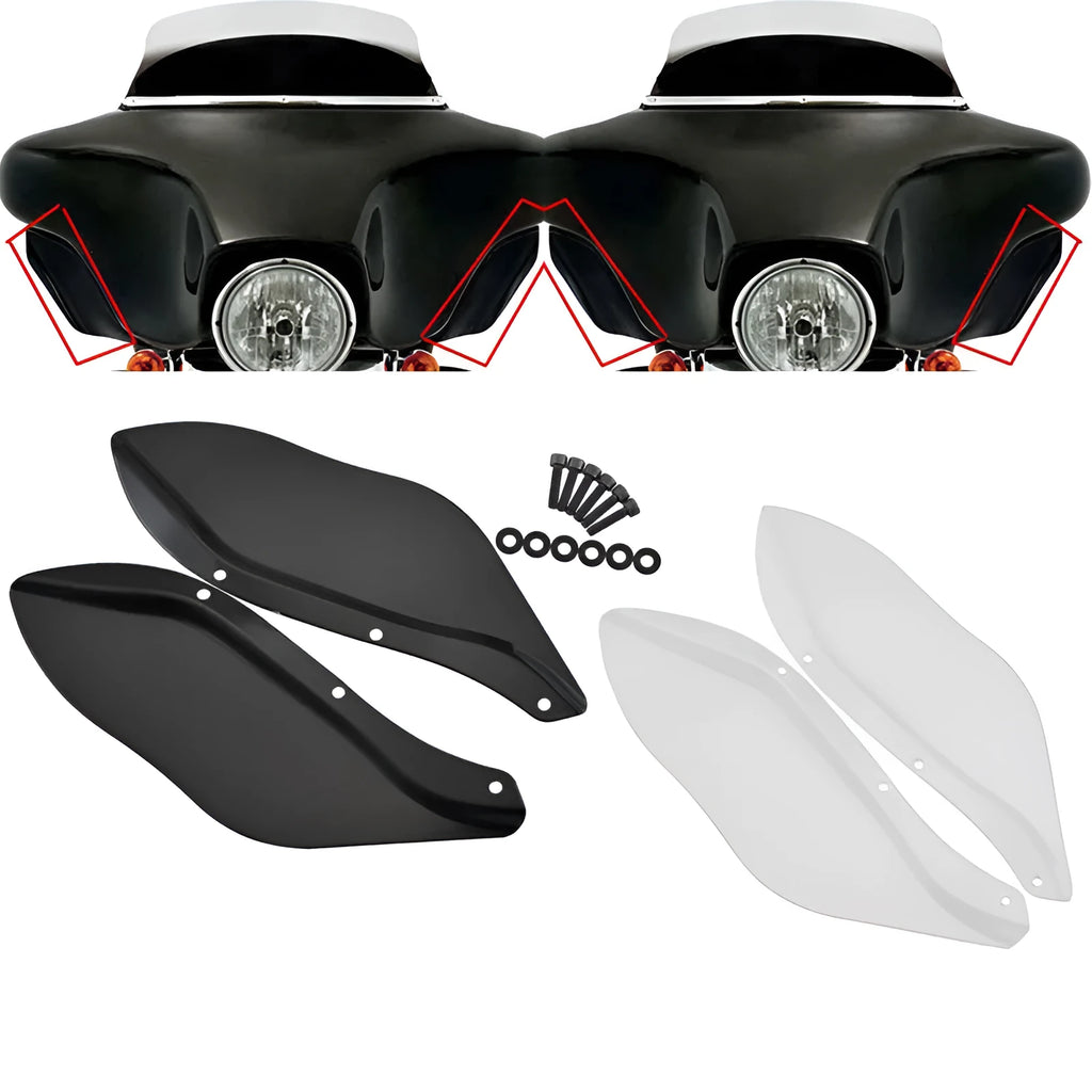 Harley Davidson motorcycle side wing head covers in black and transparent options for Touring models